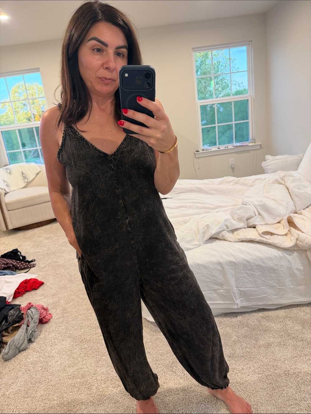 Washed Black V-Neck Women's Jumpsuit